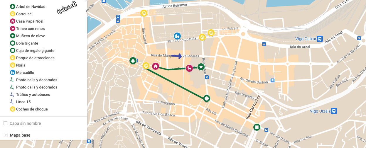 Mapa de las principales atracciones y luces de Navidad en Vigo.