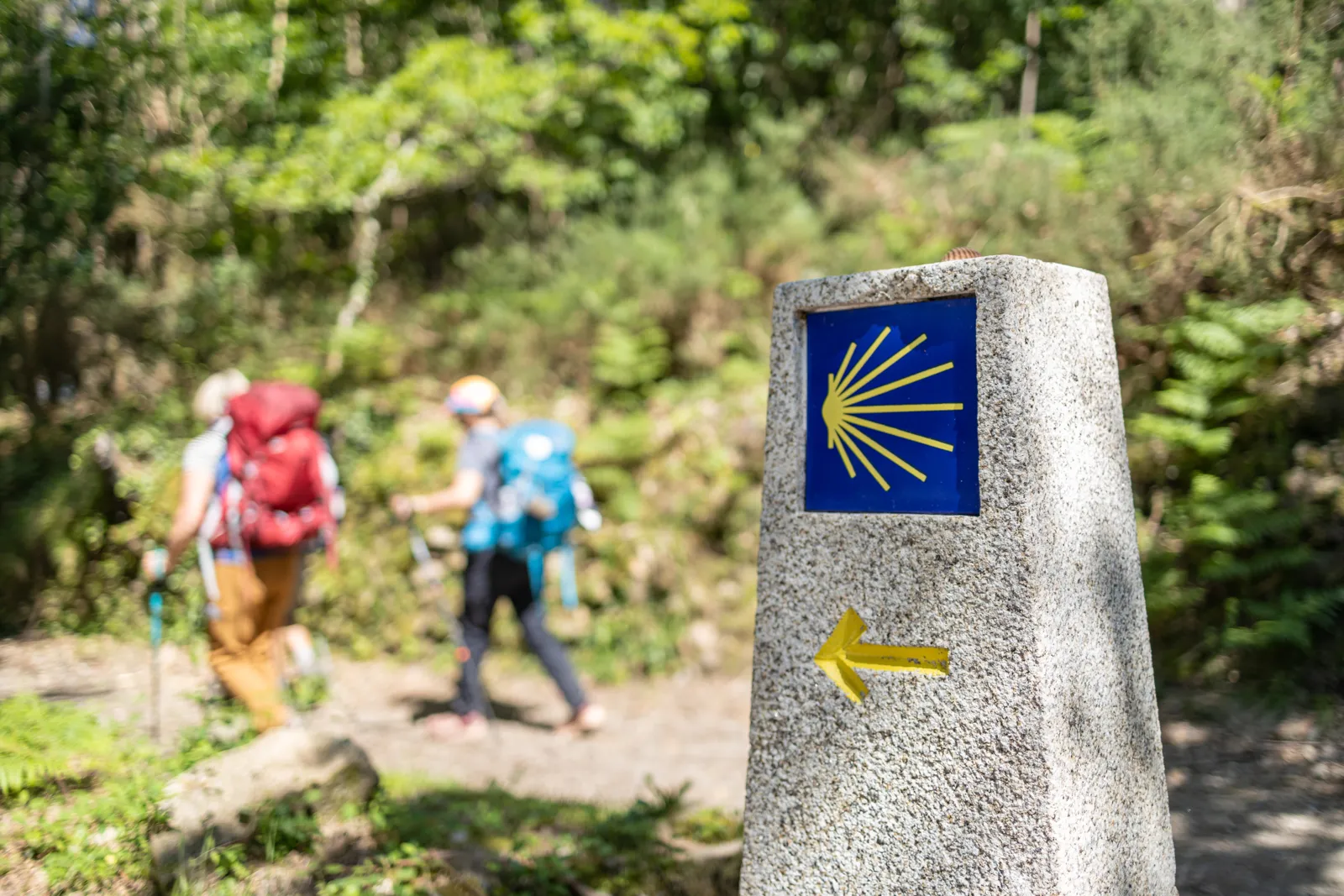 Patrimonio de Santiago de Compostela, Galicia Peregrinos con mochila junto a una señal del Camino de Santiago
